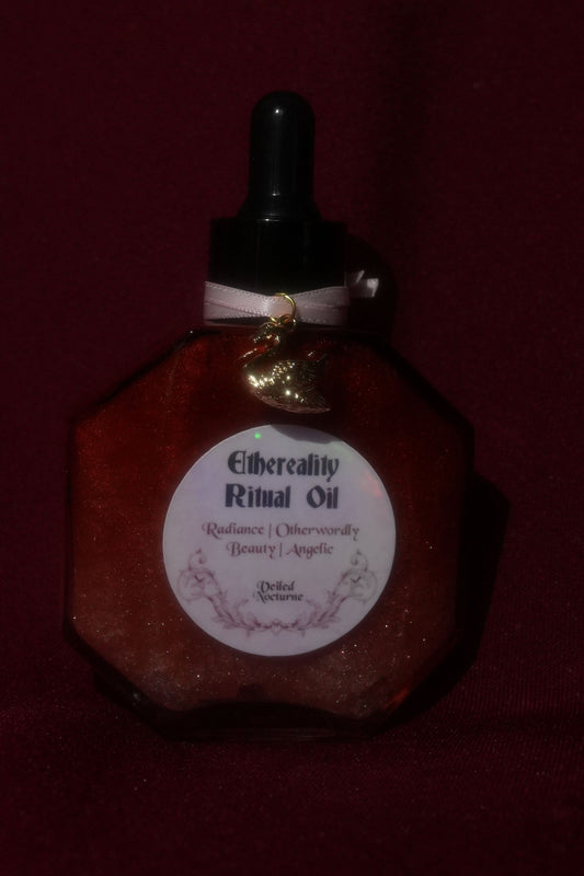 A bottle of Eiberality Ritual Oil with a black dropper cap, set against a dark red background.